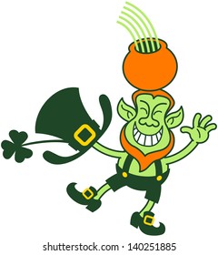 Green Leprechaun smiling, greeting and balancing while holding a pot of gold and a rainbow over his head.