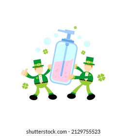 green leprechaun and soap sanitizer hygene cartoon flat design illustration