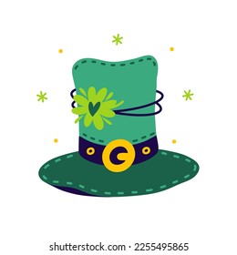 Green leprechaun top hat with clover leaf. Simple vector icon. Hand drawn illustration isolated on white. Headdress with golden buckle, lucky quatrefoil. Clipart for St. Patrick's Day cards, prints