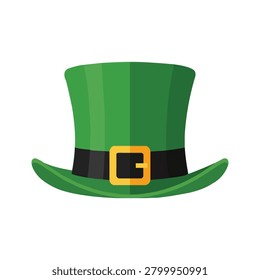 Green leprechaun top hat vector illustration. Flat Irish cylinder hat icon with a black ribbon band and golden buckle, isolated on white background. St. Patrick's Day celebration, Ireland folklore, and luck concept.