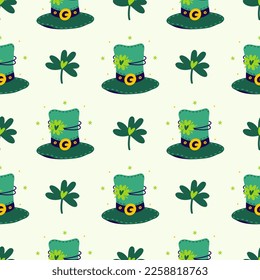 Green leprechaun top hats with clover leaves. Seamless vector pattern. Headdress with golden buckle and quatrefoil. Shamrock with a heart for good luck. Background for St. Patrick's Day cards, prints