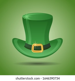 Green Leprechaun's top hat on green background. St. Patrick's day element. Vector illustration.