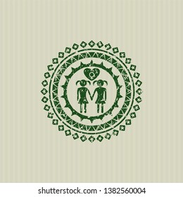 Green lesbian love icon inside distressed rubber seal with grunge texture