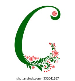Green letter C isolated on white. Romantic letter of beautiful snowflake. Snowflake pattern letter. Vector Illustration