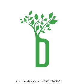 Green letter D with branch of tree ornament. For initial logo and brand identity of nature.