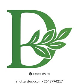 Green Letter D with Leaf Branch Design leaves