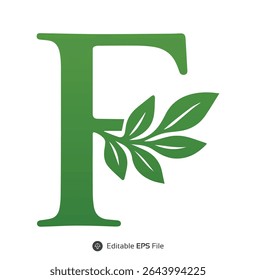 Green Letter F with Leaf Branch Design foliage leaves