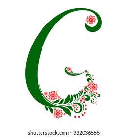 Green letter G isolated on white. Romantic letter of beautiful snowflake. Snowflake pattern letter. Vector Illustration