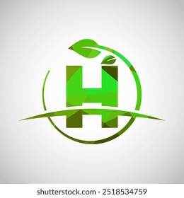 Alfabeto inglés H con hoja circular y swoosh. Concepto de logotipo ecológico. Logotipo de polietileno bajo para negocios ecológicos e identidad de empresa