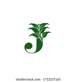 Green Letter J logo with leaf element, vector design ecology concept