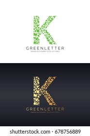Green letter K logo template with green leafs. Eco design element. Vector illustration. Corporate branding identity