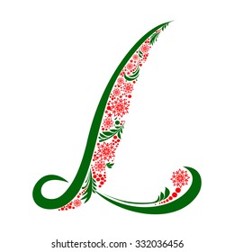 Green letter L isolated on white. Romantic letter of beautiful snowflake. Snowflake pattern letter. Vector Illustration
