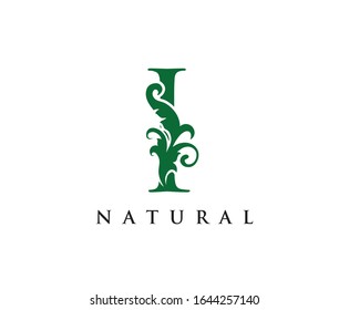 Green I Letter Logo. Green Floral I With Classy Leaves Shape design perfect for Boutique, Jewelry, Beauty Salon, Florist , Cosmetics, Spa, Hotel and Restaurant Logo. 