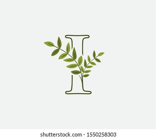 Green I Letter Logo Icon. Nature Green Leaves I Letter Design. Eco Concept ,  Created with Green Leaves and  Branches.  