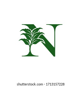 Green Letter N logo with leaf element, vector design ecology concept