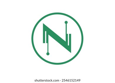 Green letter N logo vector design with circuit element style in circle. Symbolizes technology, innovation and modernity.