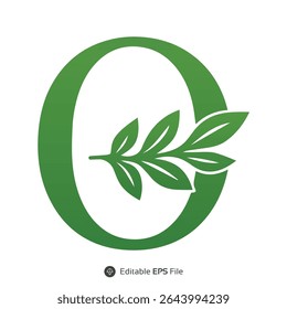 Green Letter O with Leaf Branch Design Element leaves
