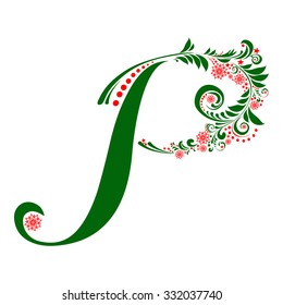 Green letter P isolated on white. Romantic letter of beautiful snowflake. Snowflake pattern letter. Vector Illustration