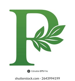 Green Letter P with Leaf Design Monogram Initial leaves