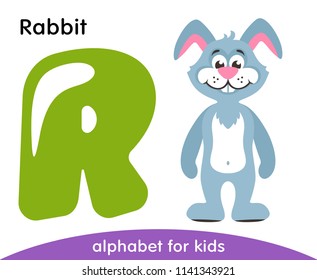 Green letter R and blue Rabbit. English alphabet with animals. Cartoon characters isolated on white background. Flat design. Zoo theme. Colorful vector illustration for kids.