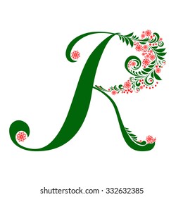 Green letter R isolated on white. Romantic letter of beautiful snowflake. Snowflake pattern letter. Vector Illustration
