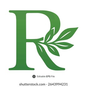 Green Letter R with Leaf Design Monogram Initial leaves