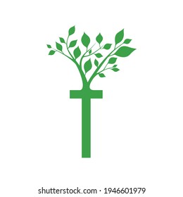 Letra verde T con la rama de un adorno de árbol. Para el logotipo inicial y la identidad de marca.