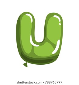 Green letter U in form of bright glossy balloon. Cartoon alphabet font for kids. Funny education. Flat vector design for birthday invitation card or promo banner