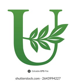 Green Letter U with Leaf Branch Design Element uppercase U