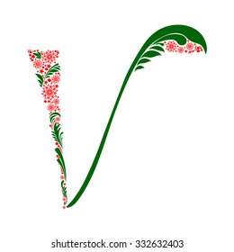 Green letter V isolated on white. Romantic letter of beautiful snowflake. Snowflake pattern letter. Vector Illustration
