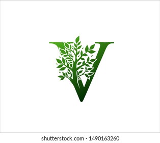 Green Letter V Nature Tree Logo Icon. 