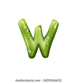 Green letter W of kiwi fruit isolated ABC symbol. Vector summer alphabet sign with water drops