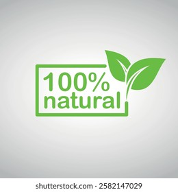 Green lettering, 100% natural in a rectangle with two leaves on the right, eco-friendly design.