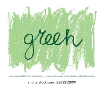 Green lettering for eco badge, organic food label, bio product, dietary supplement sign, biologically active supplements design. Vector coal textures for biologically active additives packaging.
