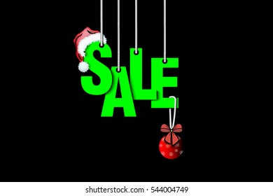 Green letters sale with Santa hats and Christmas tree ball hanging on the ropes on a black background. Vector illustration