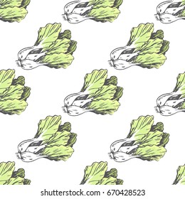Green lettuce on white endless texture graphic vector illustration. Seamless pattern of healthy seasonal product for salads and sandwiches