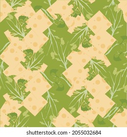 Green lettuce pieces of cheese seamless pattern for web, for print, for fabric print, for restaurant