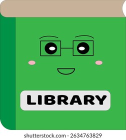 Um livro verde biblioteca com expressão adorável, perfeito para escola, leitura, ou projetos temáticos de literatura.