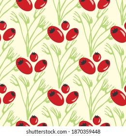 Green lichen and red berries seamless vector pattern background. Hand drawn oakmoss leaves and bright tree fruit. Geometric backdrop repeat of forest foliage. Botanical over print for nature concept