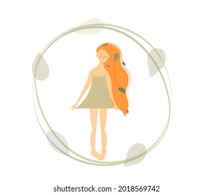 Green life girl vector illustration. Character green life lover. Woman character in dress and leaves.   
