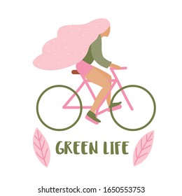 Green Life. Girls with bicycle illustration. Cartoon female character. Sport people. Hand drawn flat illustration. Ecology city transport, eco life concept. Healthy lifestyle. - Vector