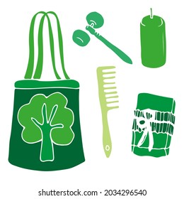 Green life, set of elements in doodle style. Self-care kit. Recycle Topic. Reuse Materials. Design for web page, printed products.