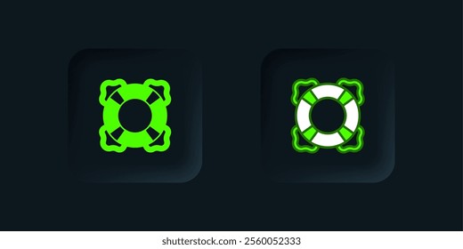 Green Lifebuoy icon isolated on black background. Lifebelt symbol. Black square button. Vector