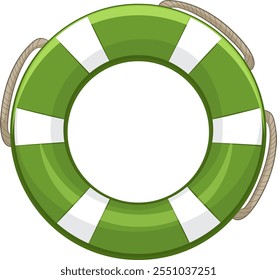 Green lifeguard ring with white stripes and rope