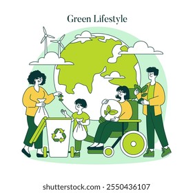 Concepto de estilo de vida verde. Familias que participan en prácticas sostenibles en un contexto mundial de energía renovable. Ilustración de hábitos amigables con la Tierra. Ilustración vectorial.