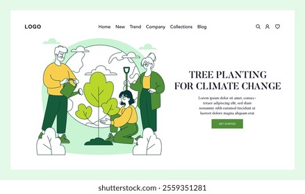 Green lifestyle concept. Family engaging in tree planting activities for climate change awareness and environmental preservation. Vector illustration.