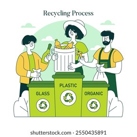 Concepto de estilo de vida verde. Las personas participan en la clasificación de los materiales reciclables en contenedores apropiados para un futuro sostenible. Hábitos de reciclaje en la sociedad moderna. Ilustración vectorial.