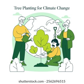 Green Lifestyle concept. Individuals planting trees to combat climate change, nurturing nature and promoting environmental awareness. Vector illustration.