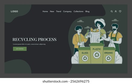 Green Lifestyle concept. People engaging in waste sorting and recycling activities. Sustainable living practices illustrated on a website. Vector illustration.