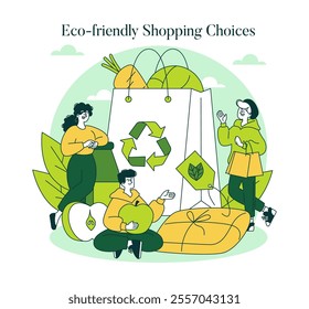 Green Lifestyle concept. People making sustainable shopping choices surrounded by nature and eco symbols. Eco-conscious behavior and reusable bags. Vector illustration.